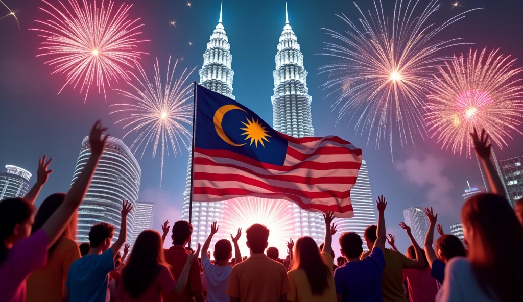 ((photorealism:1.2)), Malaysia Day, Citizens back, Focus Malaysia flag with big, Malaysia Petronas Twin tower, High-Quality image Generation, night view, fireworks, citizen's cloth different colors, happy, realistic, citizens hands up and hold flags