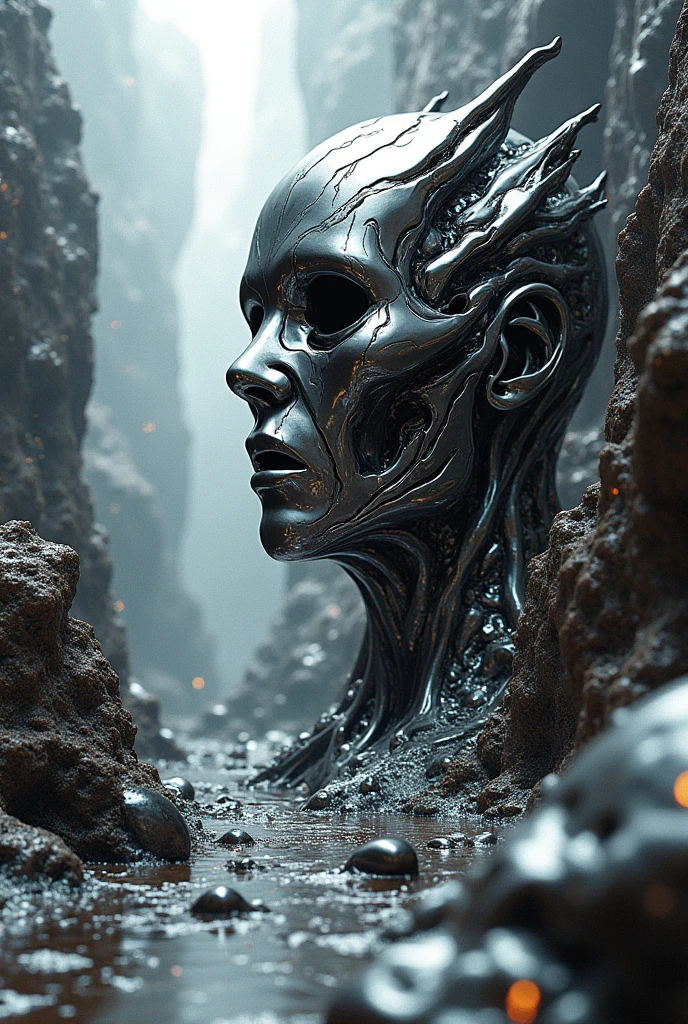 Generate an abstract, conceptual image for a poster. The design should be entirely non-representational, featuring chaotic and fragmented shapes with no discernible form or figures. Focus on a futuristic and avant-garde aesthetic with sharp, jagged elements that evoke a sense of disorder. The texture should mimic liquid metal, with reflective and fluid surfaces in silver, chrome, and dark tones. The composition should feel intense and disorienting, with elements that clash and overlap unpredicta