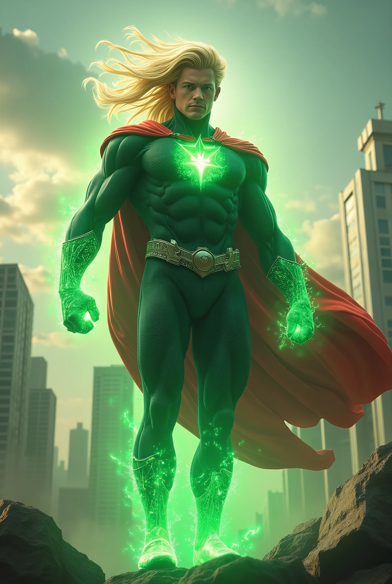A superhero called radiation man, has a red cape and has a green aura around his body and has blond hair