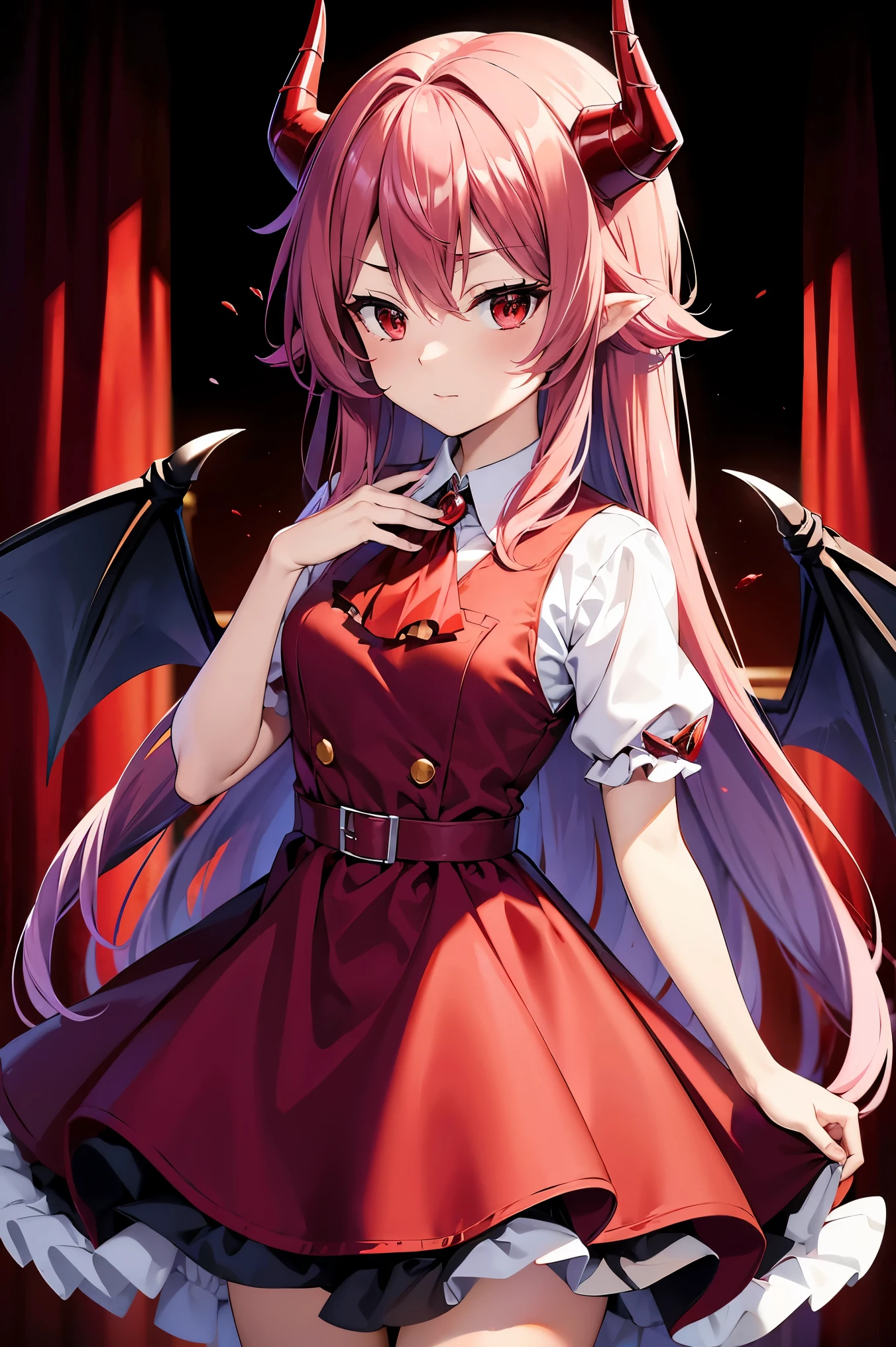  Remilia Scarlet、 hair,Red eyes,long hair,demon horns,his suit,Girl body type,There are demon wings behind him.,There was a little blood on the body.,8K short sleeve dress style shirt