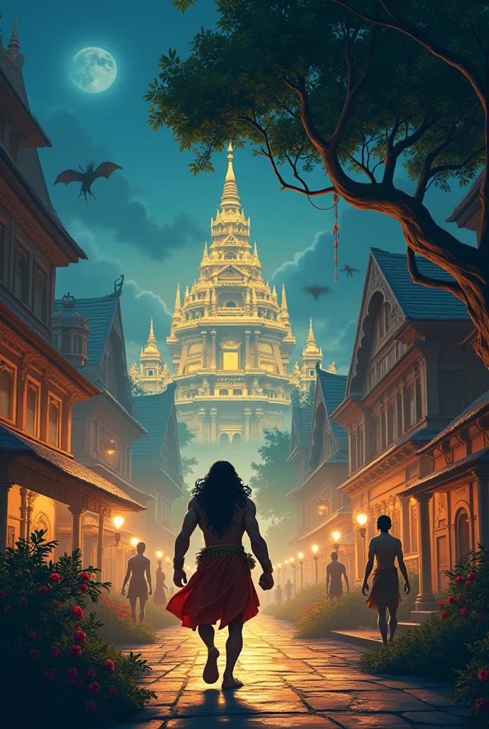 Ine cinematic 3D cartoon style"Exploration of Lanka: Hanuman moving stealthily through the streets of Lanka at night, with golden palaces and demons patrolling the area, as he searches for Sita.
Discovery of Ashok Vatika: Hanuman discovering the lush and serene Ashok Vatika filled with flowering trees, streams, and vibrant vegetation.
Sita in Ashok Vatika: Sita sitting under a large tree in Ashok Vatika, looking sorrowful, surrounded by demons guarding her, with her eyes full of longing