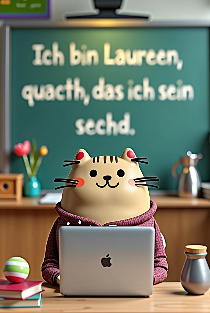 Create an image of a young female teacher represented as the character Pusheen in a B2 German language class. The teacher is seated at a desk that has a silver MacBook, a few books, and a medium-sized colorful ball and tall steal flashe watter mit holz head. Behind her is a large electronic smartboard displaying the text '. Ich bin Laureen, genau das, was ich sein sollte The classroom should have a modern and vibrant look