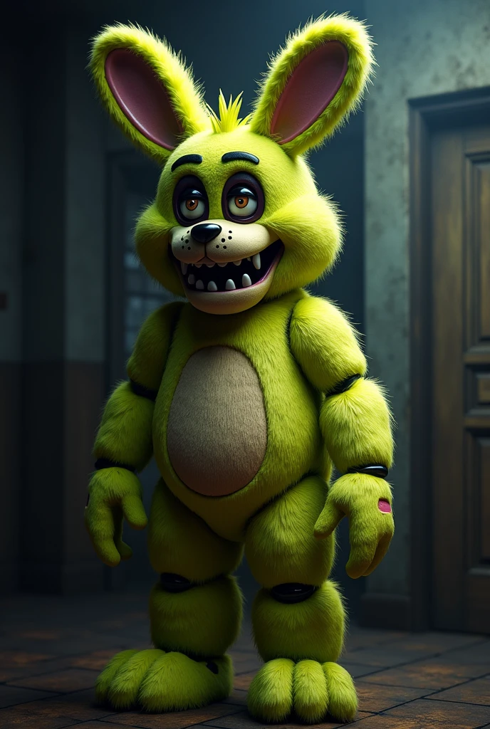 Spring Bonnie suit, fnaf 4, person inside, detailed.mascot suit, detailed mascot bunny head, William Afton inside, purple guy, fluffy