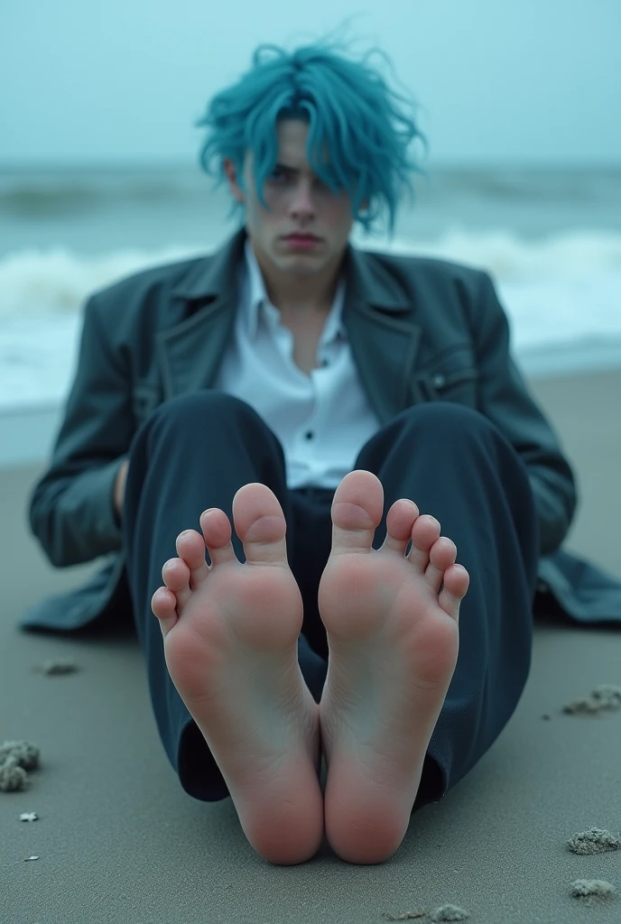 emo boy, skin very white, blue hair, lying down, on the beach, showing the soles of her feet, Beautiful feet, barefoot, correct toes, kiss marks on the soles of her feet
