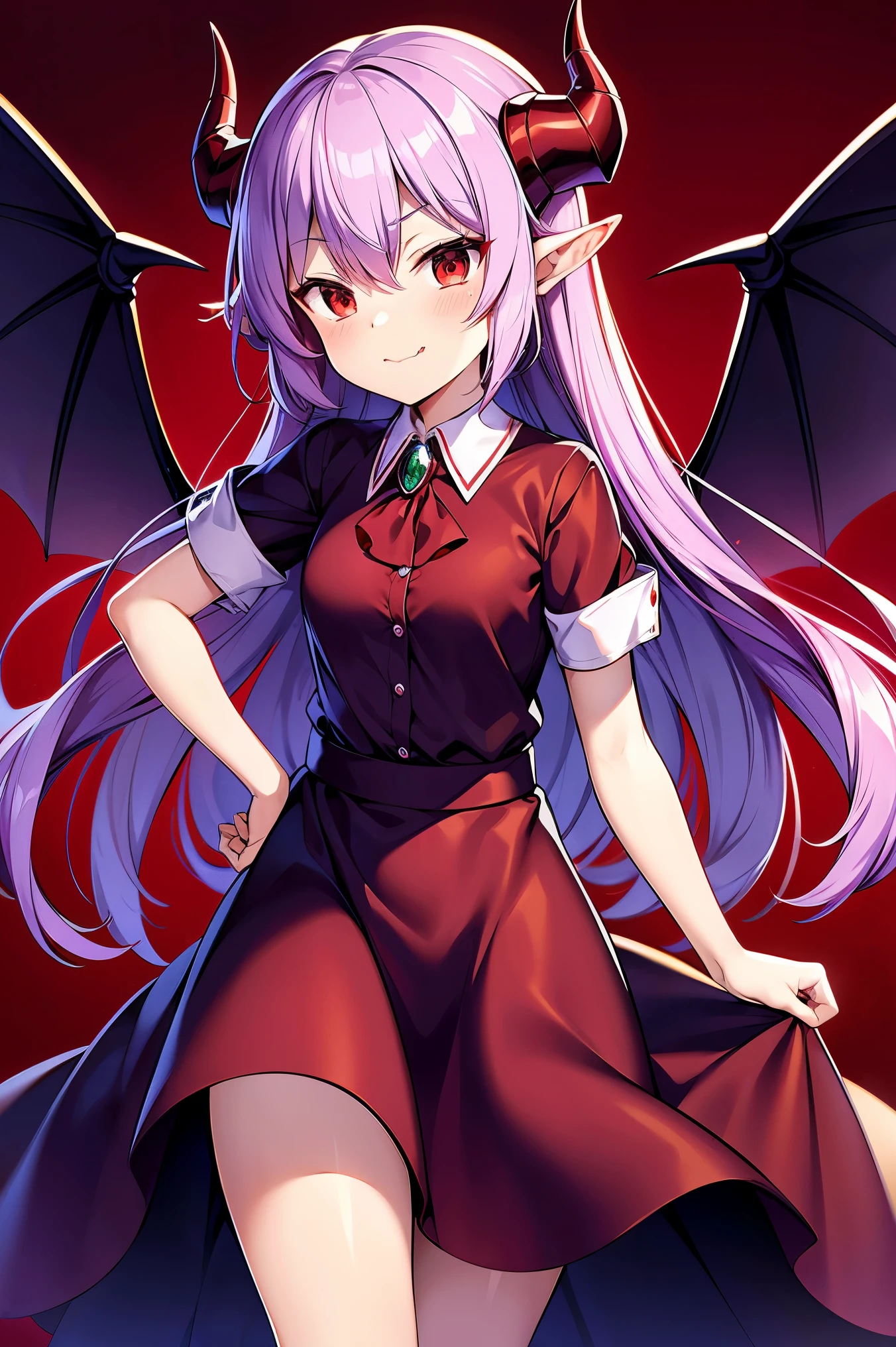  Remilia Scarlet、 hair,Red eyes,long hair,demon horns,his suit,Girl body type,There are demon wings behind him.,There was a little blood on the body.,8K short sleeve dress style shirt