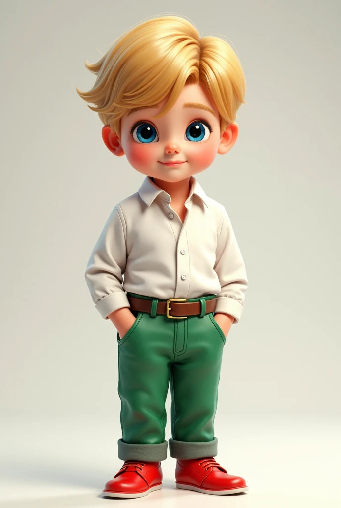 Young boy child size handsome blond hair blue eyes white blouse long sleeve green pants red shoes