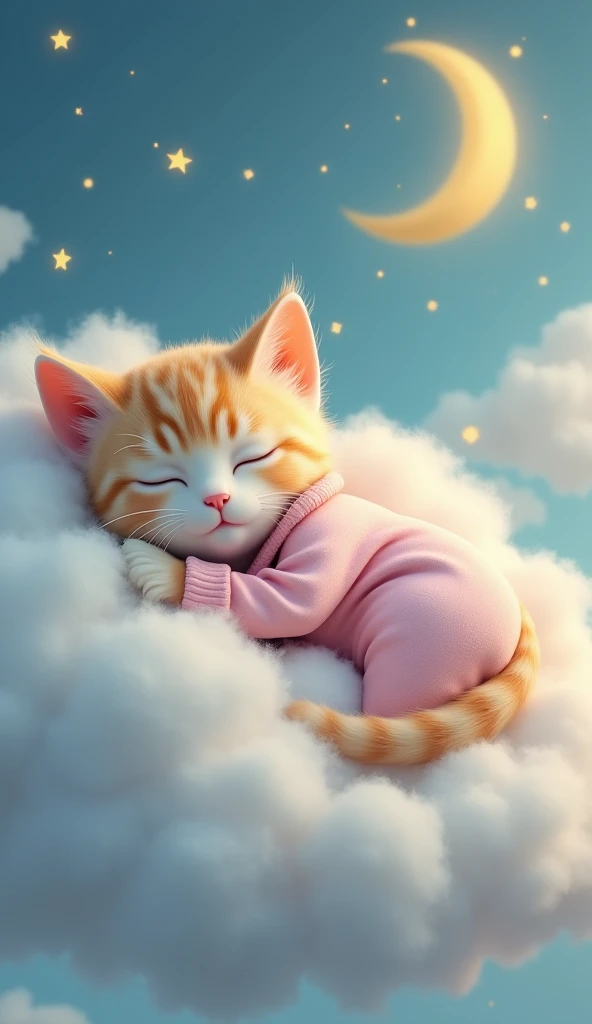 (Photorealism:1.2), A cute cat in pajamas is sleeping soundly on a cloud。There are stars and moon decorations on the clouds。