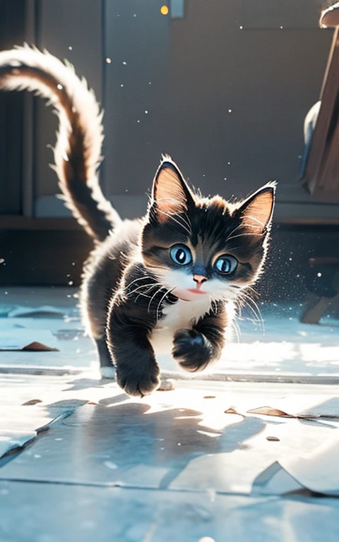 The figure of a kitten jumping around with innocence、Depicts a lovely and soothing scene