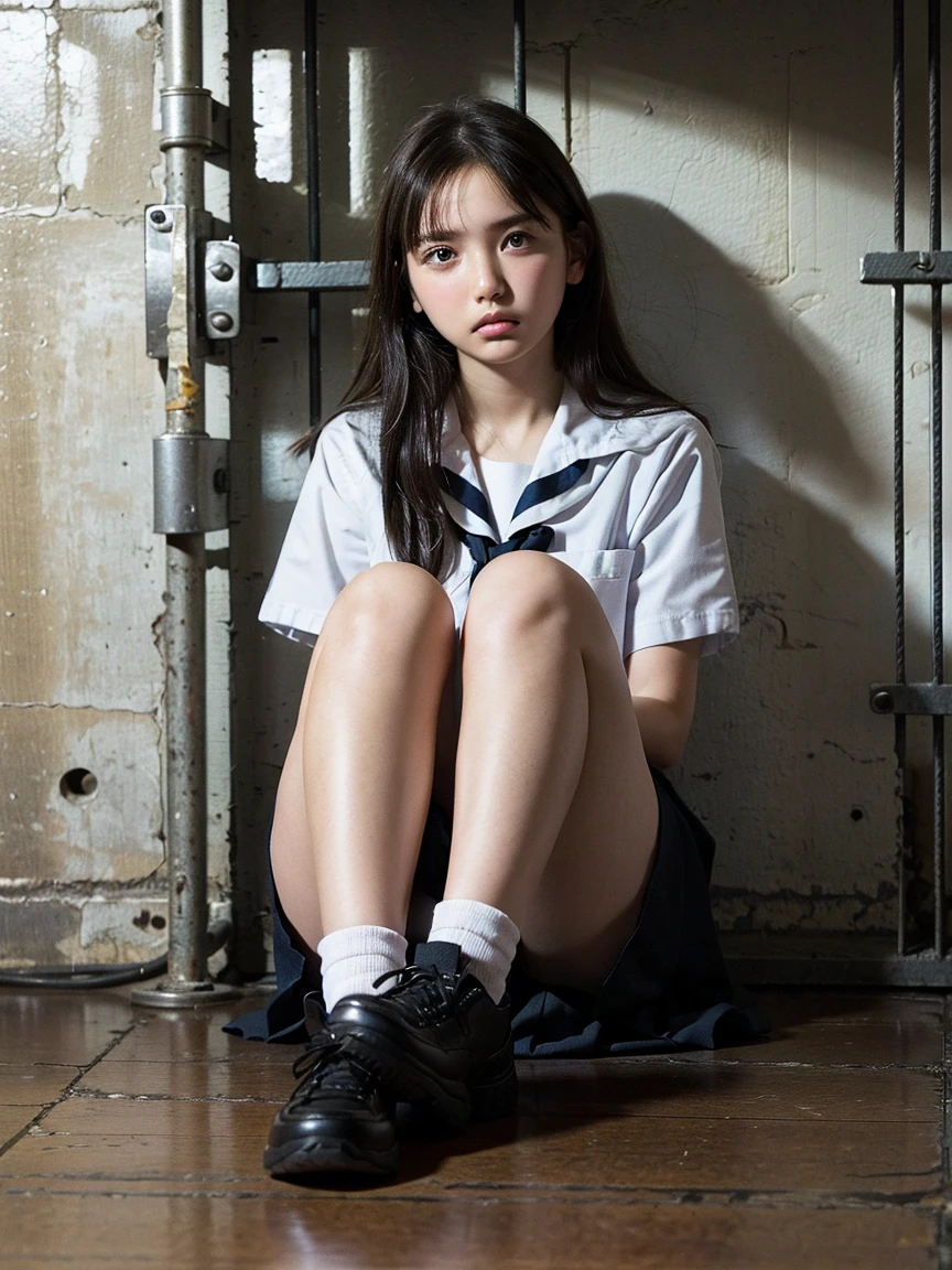 (((Facing forward)))、 (((high school girl sitting on the floor of a Iron-barred prison)))、((She has handcuffs on her wrists))、Opening the female genitals、nude, schoo girl,handcuff,Female prisoner,Labia piercing、She has a chastity belt on 、