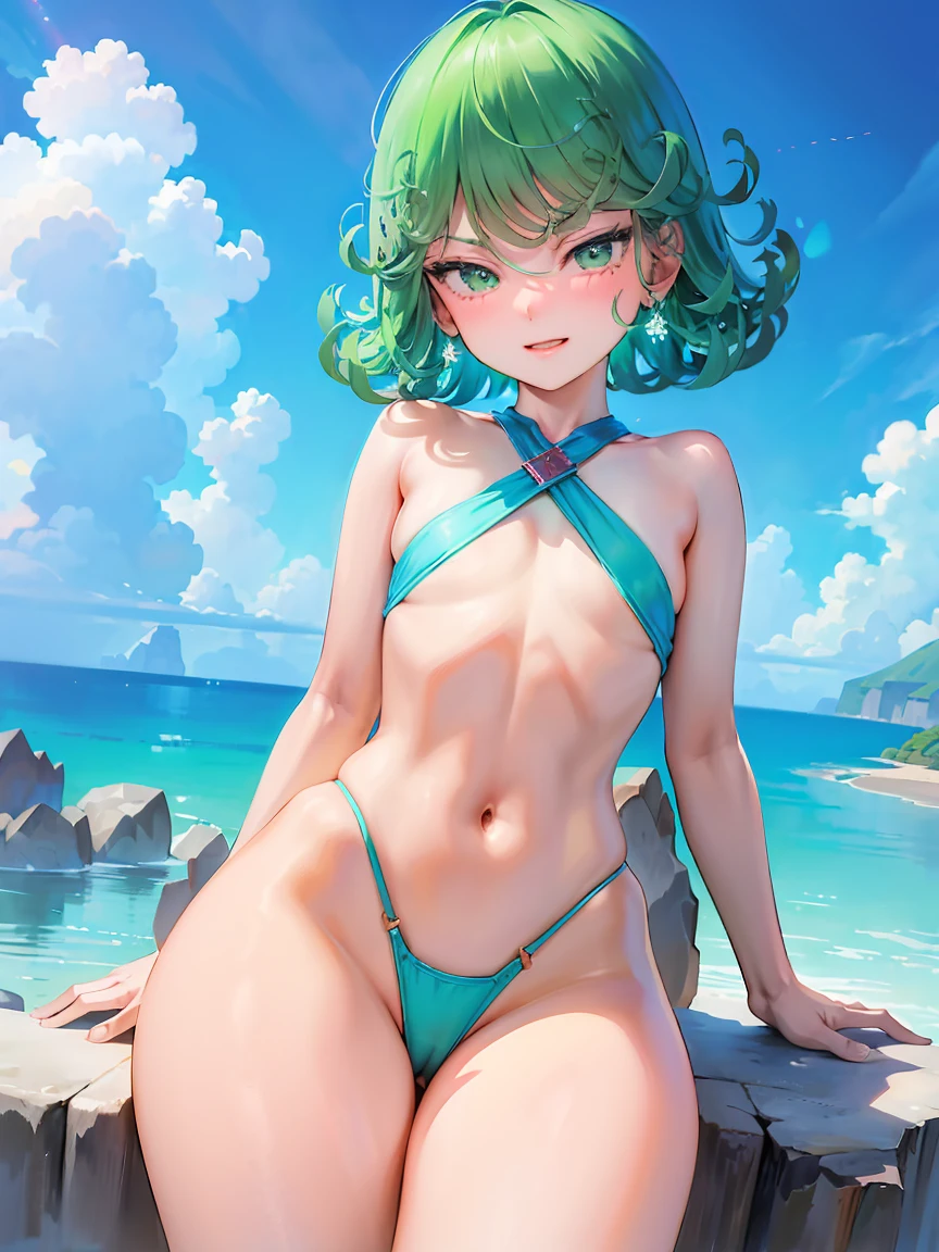 (masterpiece, Best Quality: 1.2), detailed, cowboy shot, One, 1 girl, Tatsumaki, evil smile, Closed mouth, looking at the viewer, blue sky, clouds, wide hip, thick thighs, huge butt, small chest, shameless, naked, view from behind, blush, green thong, sitting on your back, piel blushizada, vagina,