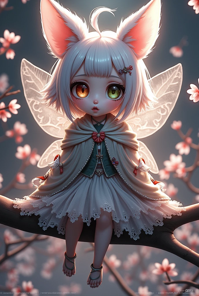 Super mini size、eye々crisp、One eye is green、the other eye is brown.、length, Curled eyelashes、Hair is silver、Raccoon Ears、You're wearing fluttery clothes、Beautiful fairy、Is that the cherry tree in the background??、Goodbye Poem、エイミーの嘆き