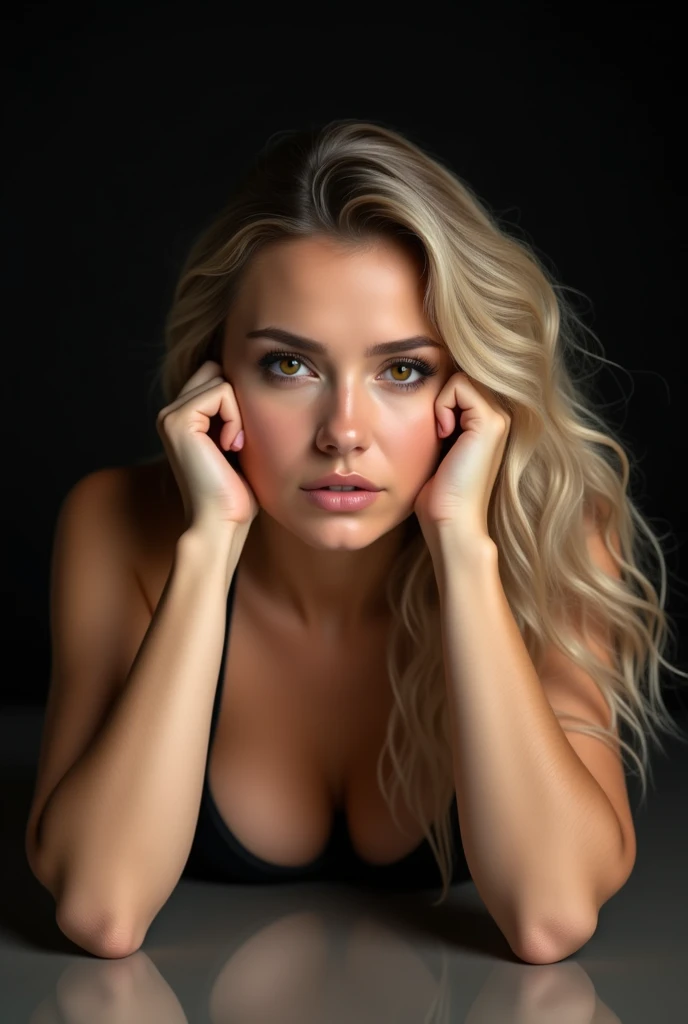 A close up photo, potrait of a beautiful khazakstan girl lie down on mirror floor with reflection of her body, elbows bent, hands supporting cheeks, very detailed, detailed beautiful brown eyes, detailed sexy moist lips, detailed blon long wavy hair, sexy body, medium breasts, looking to the viewer with pleading eyes, isolated on black background, (portrait photo), wearing no clothes