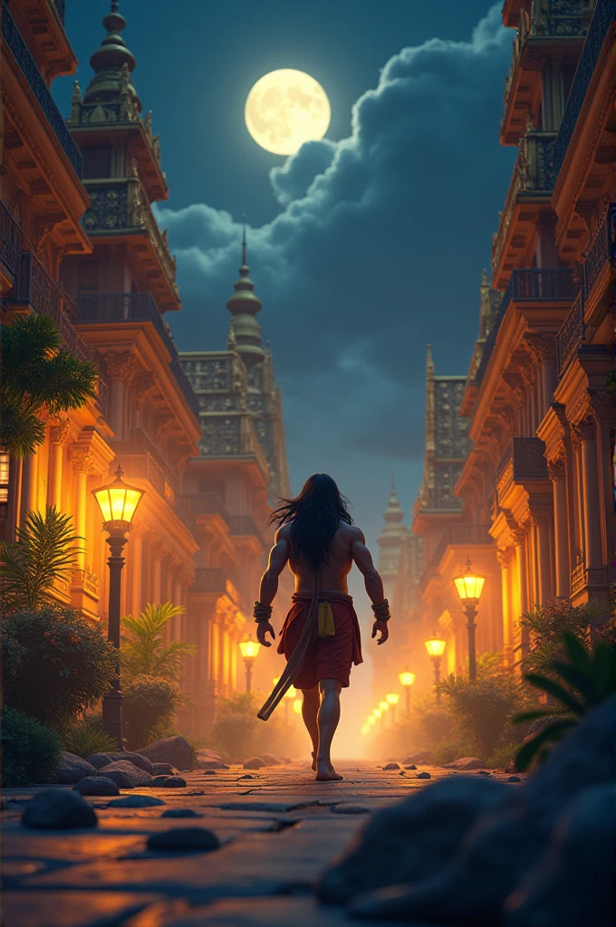 Ine cinematic 3D cartoon style"Exploration of Lanka: Hanuman moving stealthily through the streets of Lanka at night, with golden palaces and demons patrolling the area, as he searches for Sita.

Discovery of Ashok Vatika: Hanuman discovering the lush and serene Ashok Vatika filled with flowering trees, streams, and vibrant vegetation.

Sita in Ashok Vatika: Sita sitting under a large tree in Ashok Vatika, looking sorrowful, surrounded by demons guarding her, with her eyes full of longing"