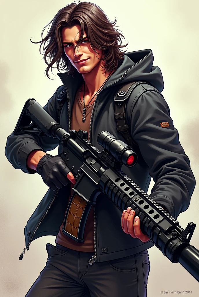 One gaming logo  gamer  handsome  with long hair  plus makey Kun shot plus attitude smile boys plus hand me gun
Devil smile long gun

