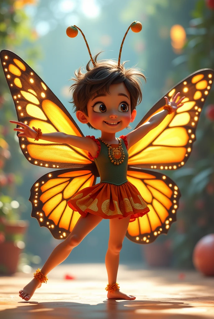 pixar image, a rare butterfly costume, big wings , doing contortion pose, legs spread open, at the age of 11