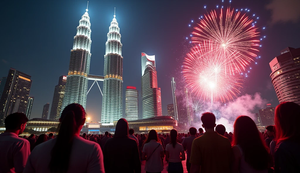 ((photorealism:1.2)), Malaysia Day, Citizens back, Focus Malaysia flag with big, Malaysia Petronas Twin tower, High-Quality image Generation, night view, fireworks, citizen's cloth different colors