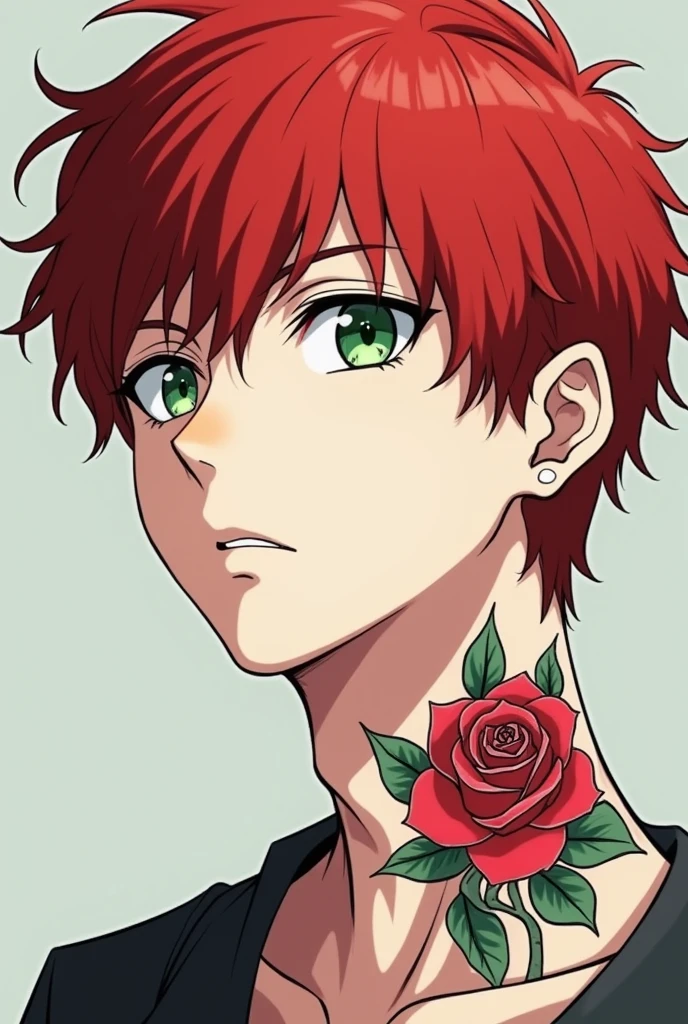 Red-haired, green-eyed boy with a mole under his left eye, white skin with a tattoo of a rose on his neck quite masculine anime