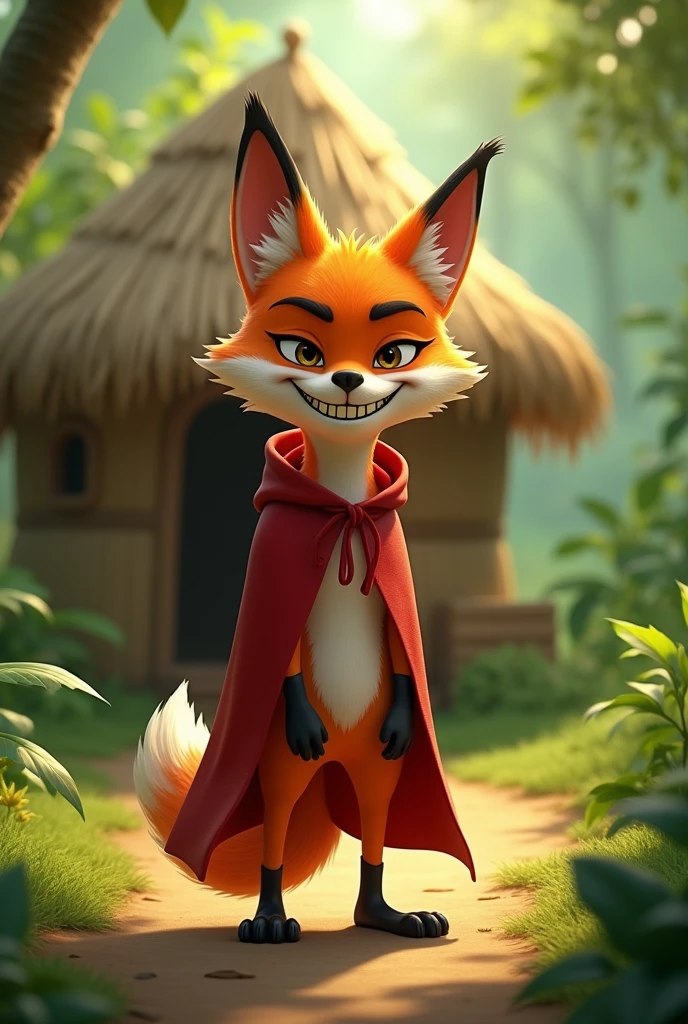 closeup sideview 3D illustration, (1male fox:1.2), (naughty grinning expression:1.5), wearing a red cape and a red hoodie standing on its too feet like a cartoon character, (looking at the camera and grinning like a devil), lean build, (disproportionate body long nose and mouth), (smiling notoriously), (realistic fur texture), (jungle background:1.4), standing and knocking the door of a straw house, sunlight filtering through the trees, (soft lighting:1.3), (green and earthy color scheme:1.3), (highly detailed), (ultra quality:1.3), (masterpiece), (digital art), 8K resolution, HDR, depth of field, (soft shadows), (photorealistic:1.3), (animation:1.2), (by Greg Rutkowski:0.9), (in the style of Alphonse Mucha), trending on ArtStation, award-winning art