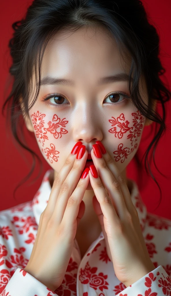 8K, high resolution, detailed full upper body portrait photography, gorgeous Asian female, fashion inspired by white red porcelain pattern, covering lips with fingers, red nails, taken with a 60mm lens, ISO 300, f/4, 1/200th