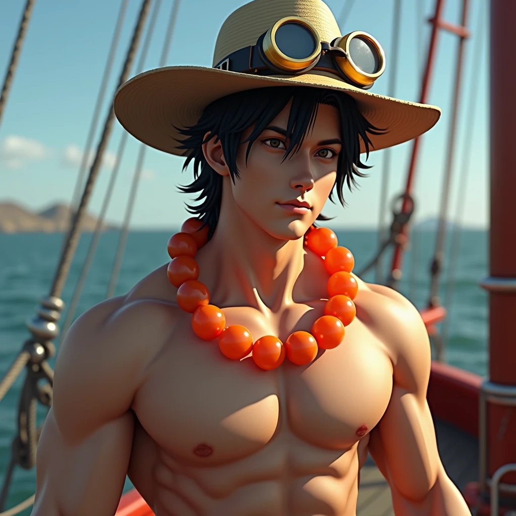 high resolution、Delicate depiction、8k、Realistic、(((Realistic)))、Young man、26 talents、Muscular、Toned body、Upper body naked、Black Hair Semi-Long、Ten-gallon hat and goggles、Large round orange jade necklace、Bust Shot、On the boat