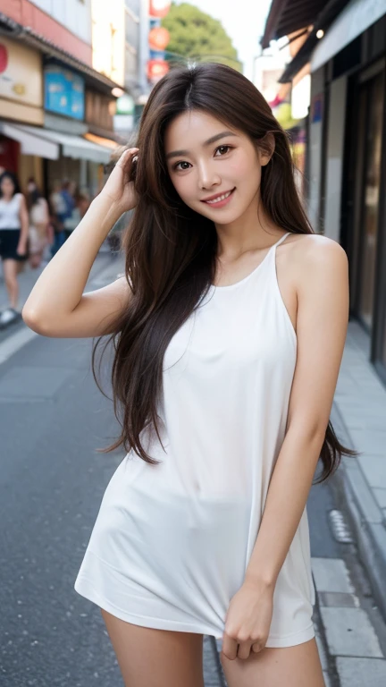 Highest quality, 8K, Very delicate and beautiful, Highly detailed face and skin texture, High resolution, naked 、A big sexy brown long haired Japanese girl with tanned skin is standing in the street and smiling, whole body, Sharp focus,Random Face,Random Posing,