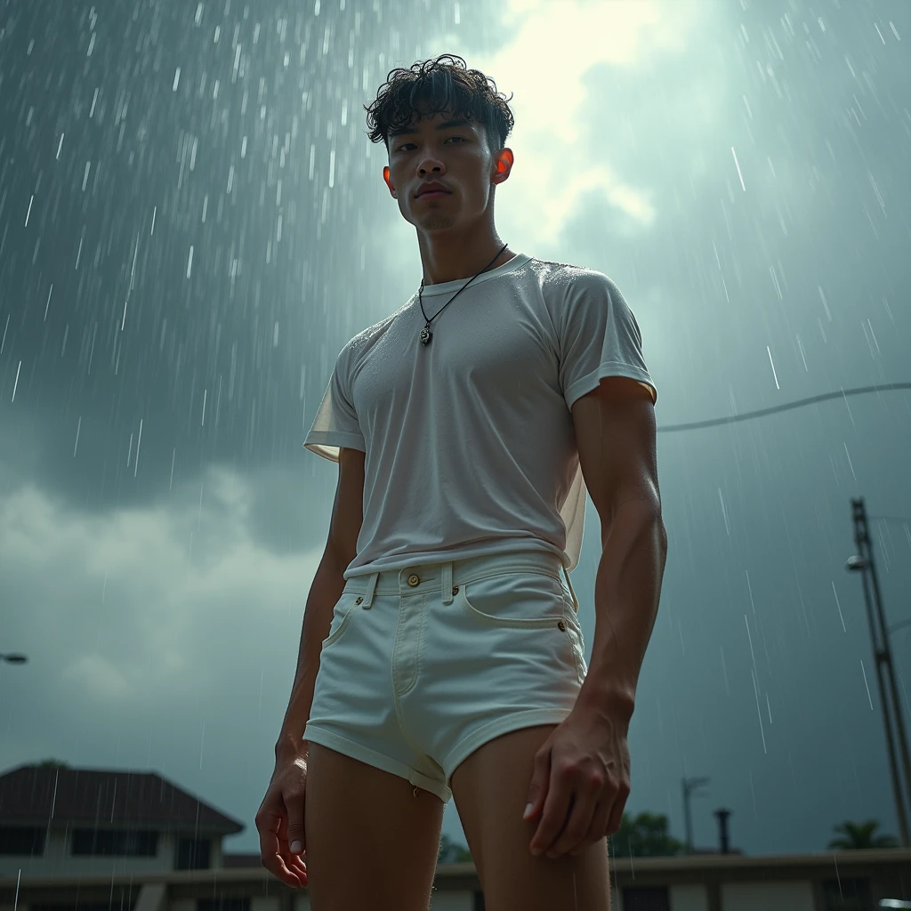 Behold a fashion editorial photo shoot featuring a photogenic and charming mixed Japanese 1 male supermodel, natural pale skin tone with a fit and slander body stands confidently under a rain, The camera angle is a dramatic low-angle shot, looking up at the model from below, creating a sense of power and dominance in the composition. The model ((wears white sheer t shirt and short pants with wet thick bulge)), which emphasizes his athletic physique, particularly his toned legs and strong posture. His stance is wide and firm, with one arm slightly extended forward, creating a dynamic perspective that draws the viewer's eye upward along his body to his face. The environment is during a sudden downpour, with dark, heavy clouds looming overhead. The once bright sky is now filled with layers of gray, adding a dramatic contrast to the model’s olive skin. The lighting is diffused, with soft, even shadows, and the wet sheen on the model's body enhances the definition of his body. The rain is visible as small droplets, some clinging to the model’s skin and others caught mid-fall, adding texture and a sense of movement to the image.
The environment is an raining and scattered clouds, contributing to the image's vibrant and energetic atmosphere. The sunlight is intense, casting strong, natural light on the model's body, which accentuates his body definition and adds depth to the image. adds a sense of realism and enhances the rainy feel of the scene.
The photograph is taken with a Canon EOS R5 camera paired with a Canon RF 16mm F2.8 STM lens. The wide-angle lens is perfect for capturing the model's full body while emphasizing the expansive sky above. The inspiration for this shot draws from the work of Bruce Weber, known for his bold, dynamic compositions and ability to capture the strength and beauty of the human form, soak clothes, wet hair and body:1.37,
