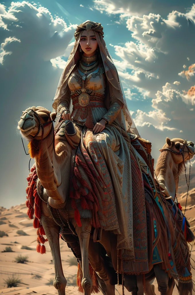 a beautiful girl riding a camel in the desert, long black wavy hair, wearing arabic clothes with a veil and jewelry, outdoors under a cloudy sky, solo figure, detailed face, photorealistic, high quality, highly detailed, cinematic lighting, vibrant colors