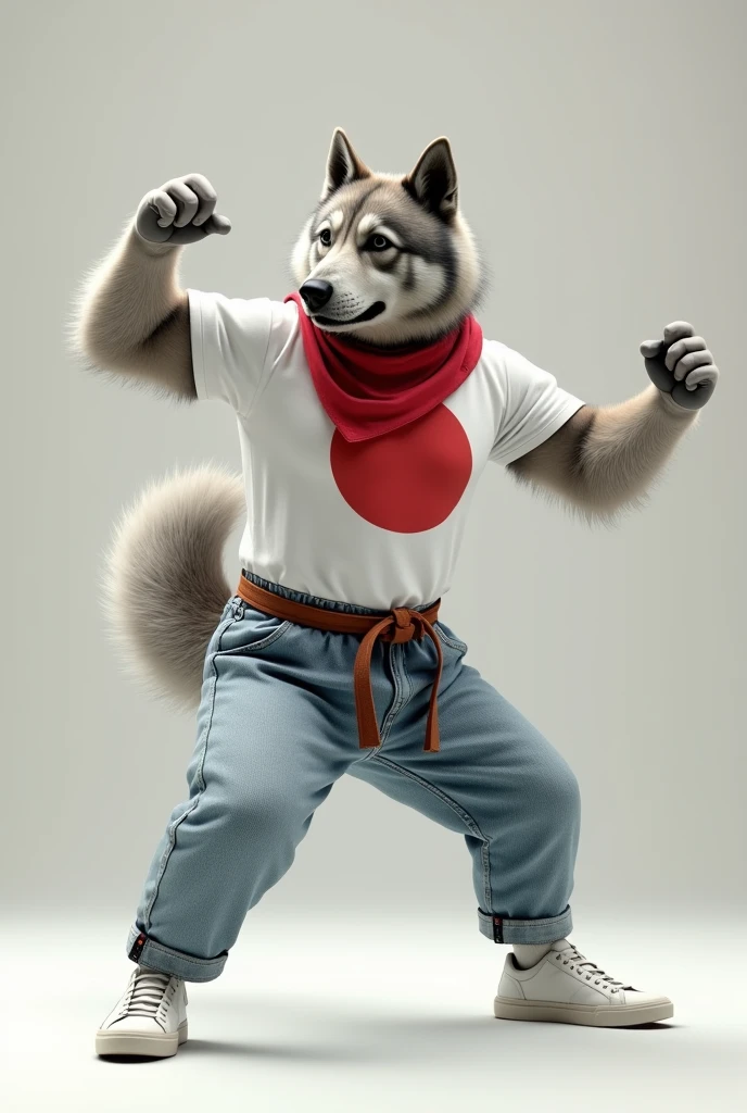 A Norwegian Elkhound. Wearing a red bandana, a white T-Shirt with a red circle in the middle, a brown belt, light blue stonewashed jeans, and white sneakers. Doing a kung-fu pose.  