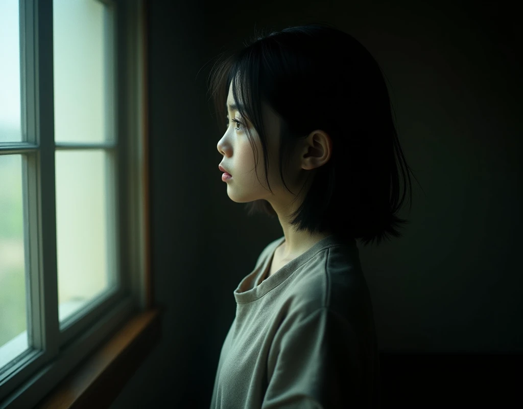 Japanese girl、analog film photo, (Create a realistic and photorealistic photo image)、whole body、Dark Room、Side of the window where the light comes in、blur, tint, depth