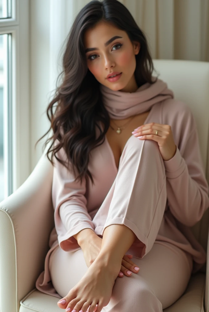 real,-hijab Girl,Arabic, arab girl, Sexy feet, white toenails, in the nail salon, crossed legs nail studio, long nails, pink outfit, crossed legs, sexy posing feets, BIG ASS
