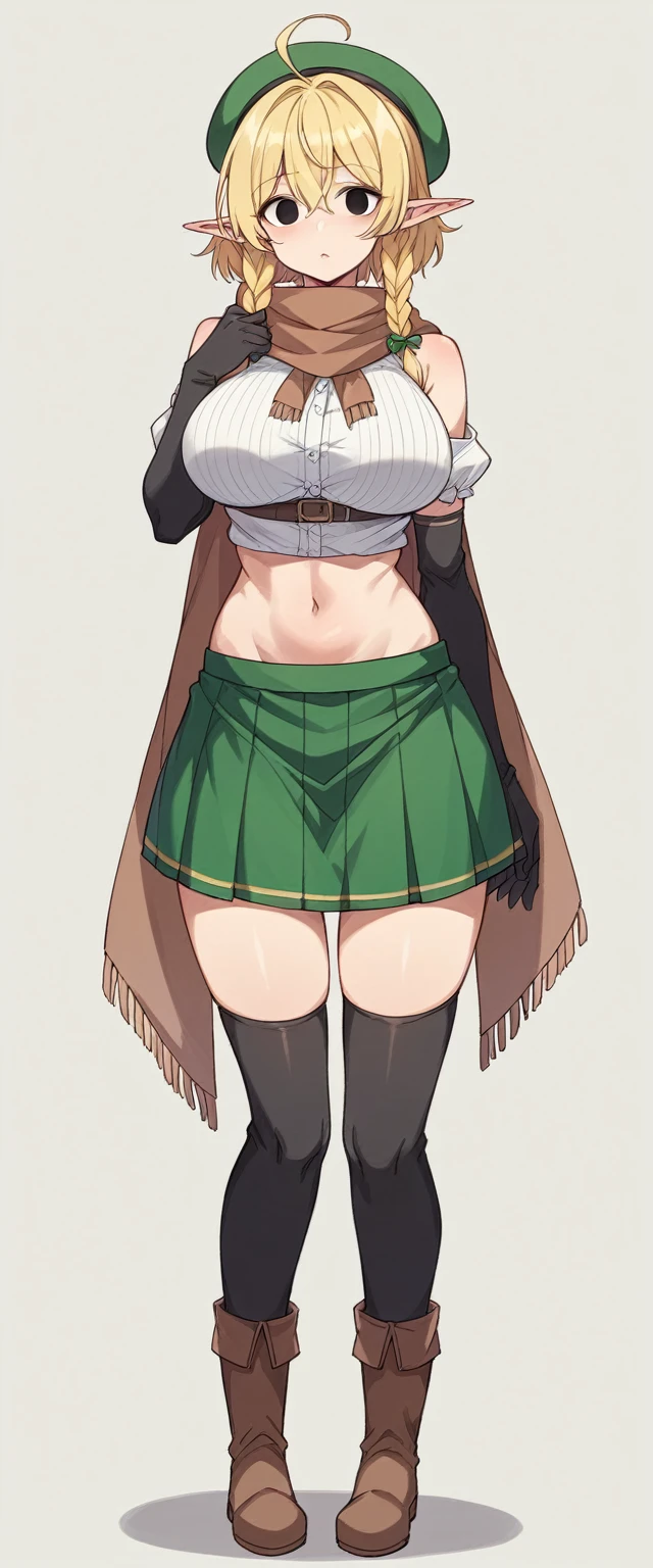 Elf、1 female、women only、short hair、twin braids、ahoge、blonde、(thin)、Big Breasts、Tall、empty eyes、black eye、Black elbow gloves、((black thigh highs))、Small black beret、Brown scarf、Green mini skirt、Brown boots、(full body)、Are standing、thin太もも、shoulder、belly button、isekai、fantasy、front、Character portrait