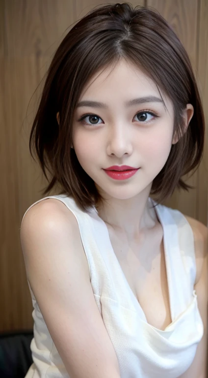 blush a little and smile, (Top quality masterpiece:1.2) Delicate illustrations, Very detailed, /Beautiful Japanese Women、1 person,Very cute and slim、Great style 、((8k images、super high quality))、Very delicate face, Skin and Hair、Big Breasts、beautifule forehead、Red lipstick、(((((short hair、Brown Hair、lure))))),Very cute Japanese cut face、Eyes and nose are clearly visible、Kind eyes,((((White sleeveless sexy dress))))