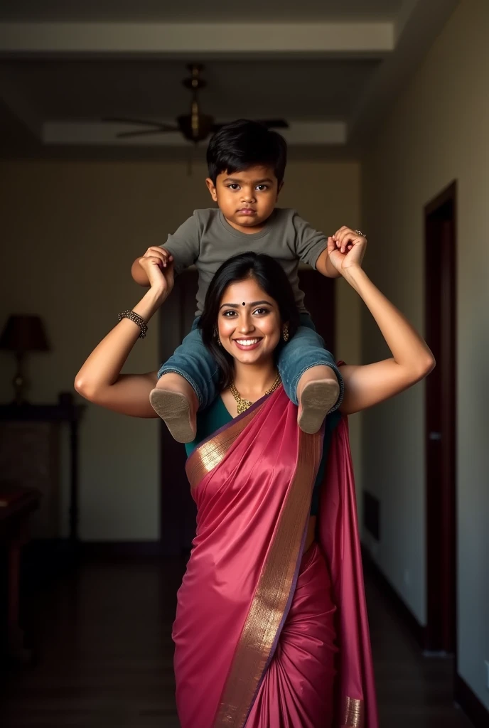 Beautiful and Slim Indian woman in a dark pink silk saree lifting piggyback a large chubby man above her shoulders, man is sitting on woman's shoulders, in a dark room with high ceiling, natural smile, woman is looking into the camera , she is holding his hands, full body image 