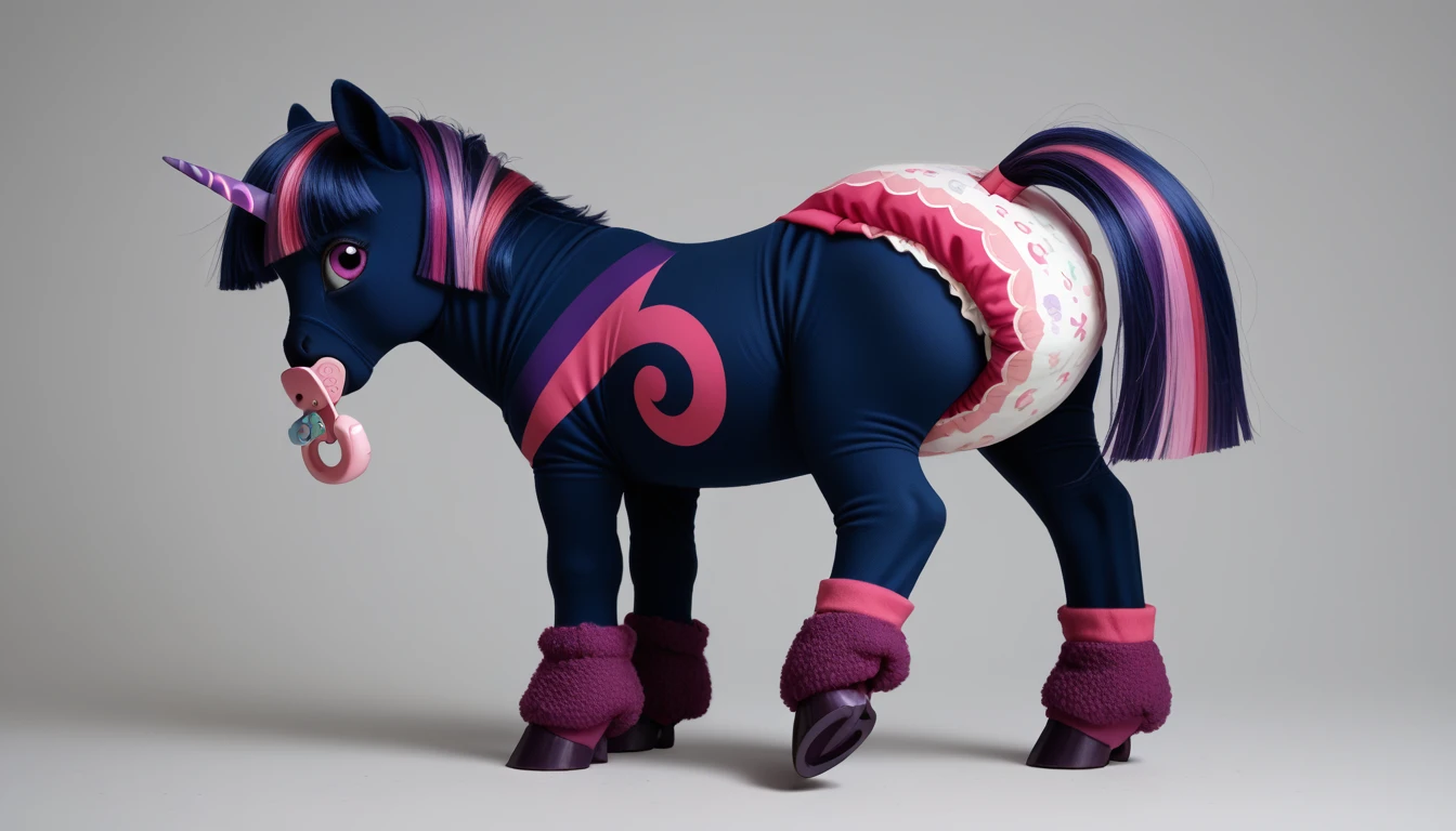 pony, Unicorn, purple wool, dark blue mane with purple streak and pink streak, the tail is dark blue with a purple strand and a pink strand, purple eyes, stands on four hooves, rear hooves spread wide apart, adult filly, dressed in a bodysuit and booties, baby pacifier in mouth, solo, thick diaper under clothes.