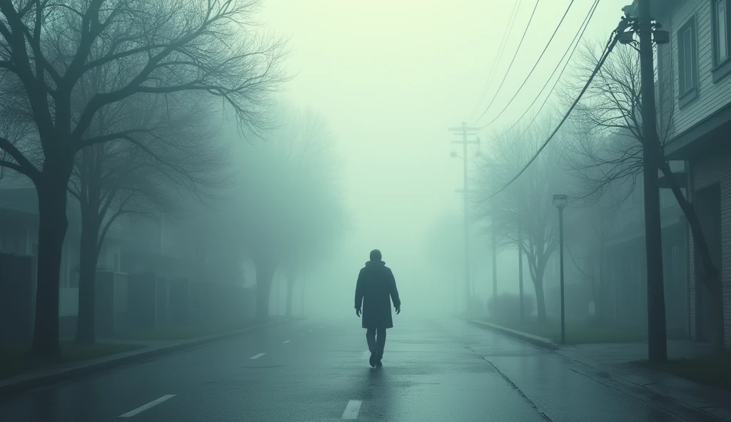 "A person walking alone on a foggy street in an early morning setting. The street is deserted, with soft light breaking through the mist. Their footsteps echo on the pavement. Contrast this with crowded scenes of busy urban areas where people walk in all directions but remain unnoticeable in the crowd."