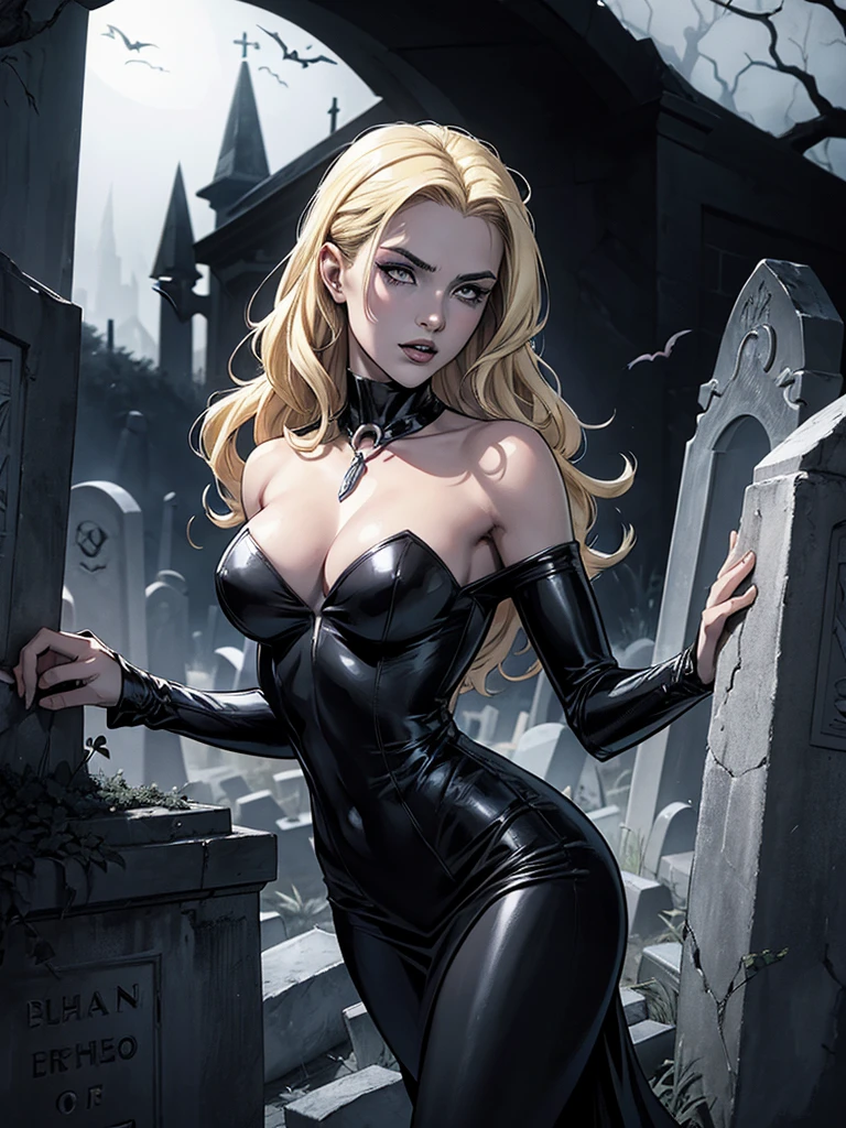 a black and white comic book image of a blonde woman vampire rising from her grave in a cemetery