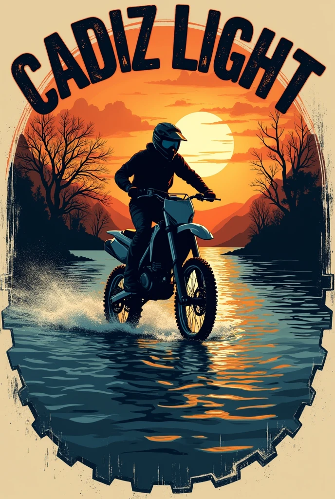 Make a  silhouette of a dirt bike doing a river crossing with the water blue and sunset. Put it in a circular frame with it's edges as a dirt bike sprocket. Name it on the outer edges "CADIZ LIGHT TRAIL RIDERS" make the name appropriate with the mood of the picture decide which font and color