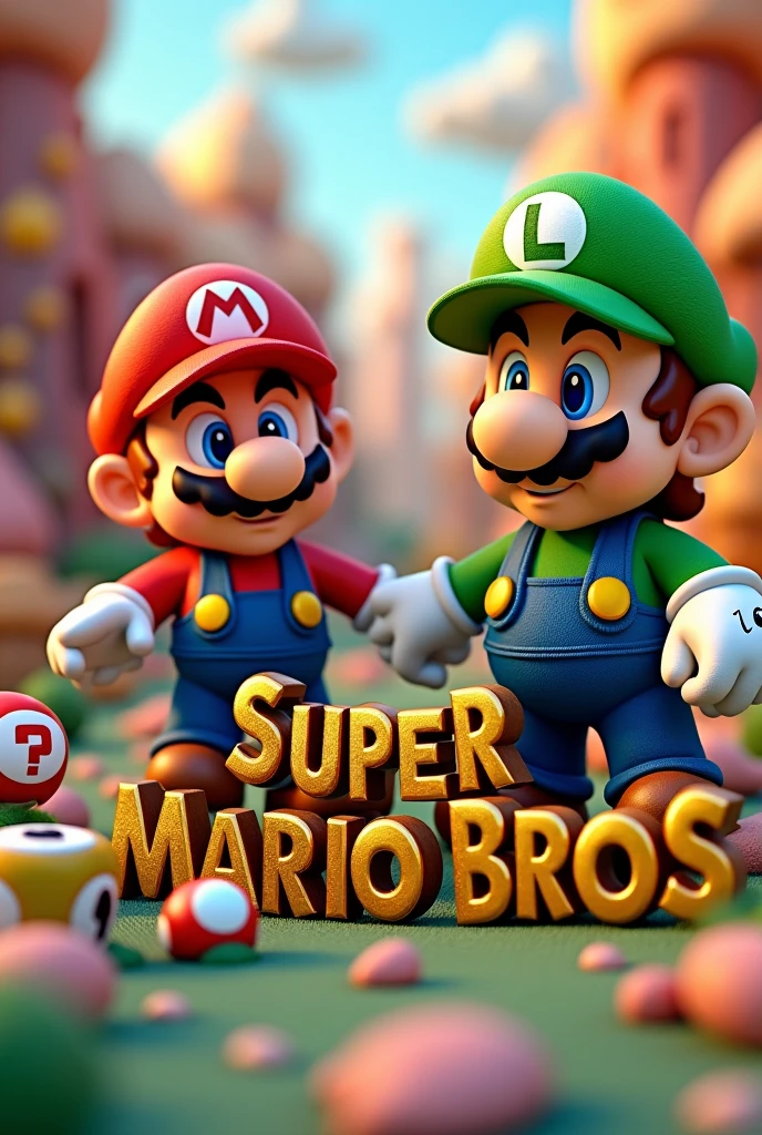 Create an image of mario bros with the following text Ricardo Johany Ortiz Hernandez material: languages Group:1*B School:AAron Camacho Written in gold 3d letters 