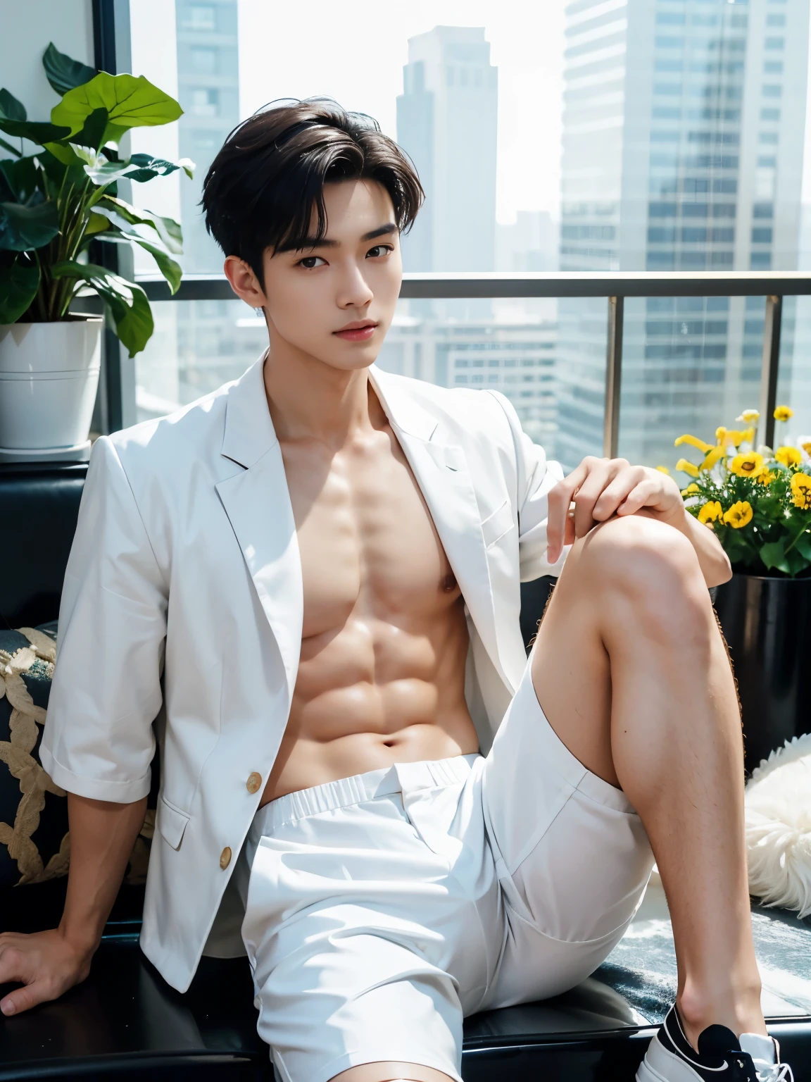 (A asian pretty Boy, cute boy, Nude posing:1.1), (absurdres, realistic, masterpiece:1.2), RAW photo, best quality, 8K,1boy, chinese idol, very handsome, perfect face, intricate detail, Extremely detailed, (photorealistic:1.5), professional photography, Bright colors, Clear focus, young, slender, muscular, slim muscular, (perfect hands, 5 fingers) , Comb-over hairstyle, Black short hair, clear and beautiful detailed eyes, perfect eyes, Playful expression, soft skin, detailed skin, spread legs, looking at viewers, detailed highlights and shadows, Excellent body proportions, Correct anatomy, male focus, (Topless, open transparent tulle jacket:1.2), (white short pants:1.5), Potted plants, flowers, (roof, Skyscraper, balcony:1.1), Glass Wall, Studio Lighting, gentlesunlight, Cinematic Lighting, Warm colors, full-body shot, 
