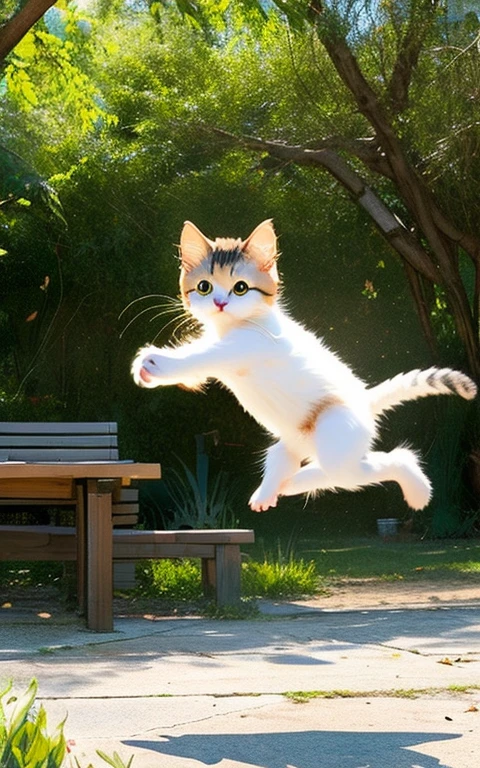The figure of a kitten jumping around with innocence、Depicting a lovely and soothing scene、Too cute