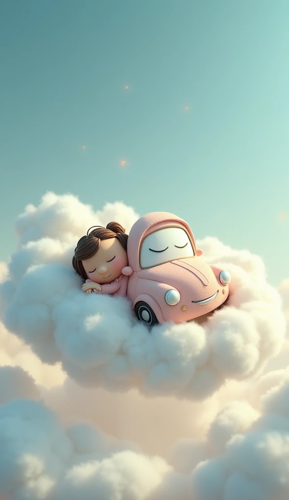 (Photorealism:1.2), A cute car character wearing pajamas is sleeping soundly on a cloud。
