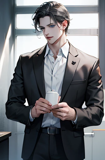 best quality, black grey hair, blue eyes, pale skin, CEO, expression in love, 31 years.