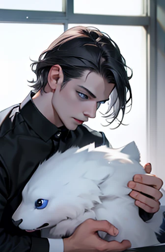 best quality, black grey hair, blue eyes, pale skin, CEO, expression in love, 31 years.