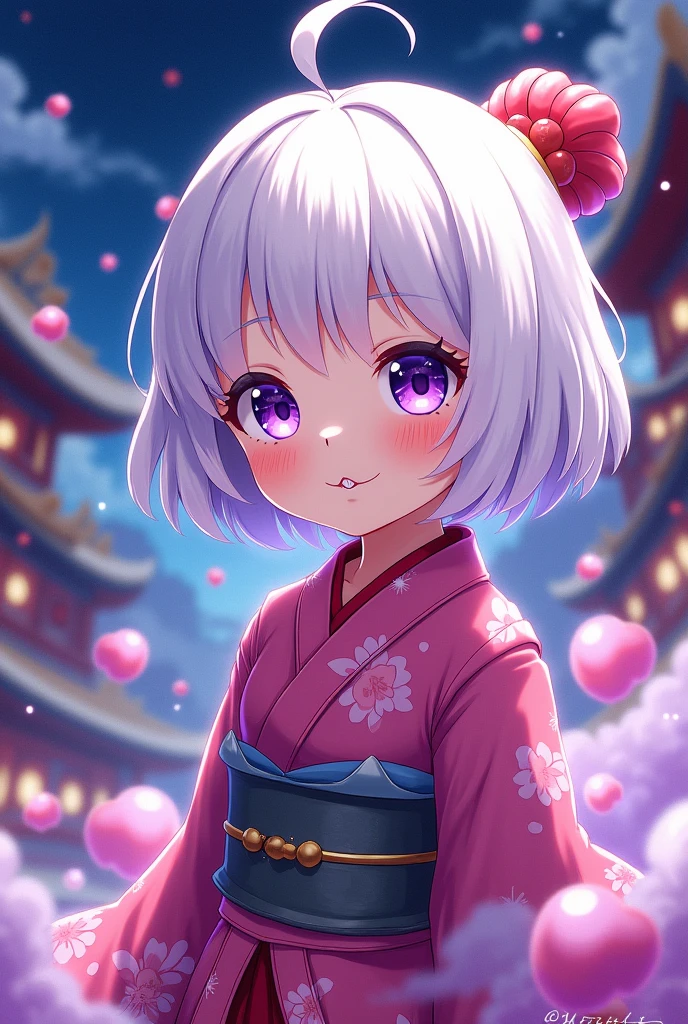 Anime girl characterized by detailed characters with clear lines but varying the thickness of the stroke as the stroke progresses. Use a palette of vibrant and contrasting colors, with visual effects that mix traditional Japanese with the fantastic, with violet eyes and short white hair, smiling slightly and some small fangs