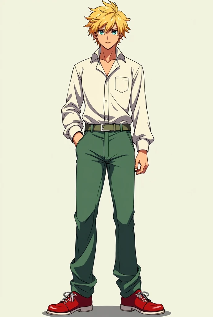 Handsome young man with blonde hair and blue eyes, white blouse with long sleeves, green pants and red shoes in anime