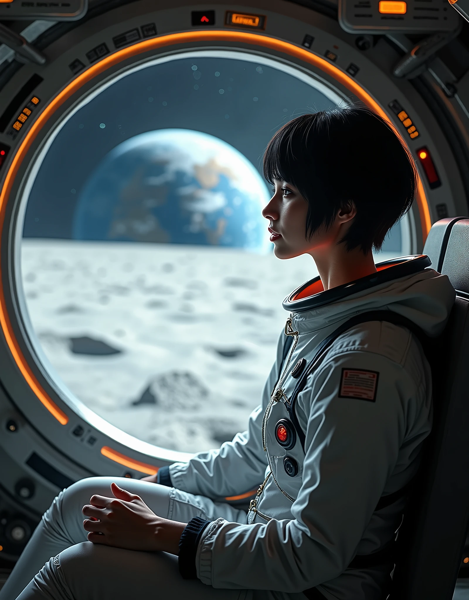 A photorealistic scene inside a lunar lander, showing a beautiful woman with short black hair seated comfortably. She is gazing out of the window, which provides a view of both the Earth floating in space and the lunar surface below. The woman is wearing a modern, stylish spacesuit that highlights her figure. The interior of the lunar lander is detailed with instruments, controls, and soft lighting that illuminates the scene, creating a serene and awe-inspiring atmosphere. The angle should include both the lunar surface and the Earth in the background.