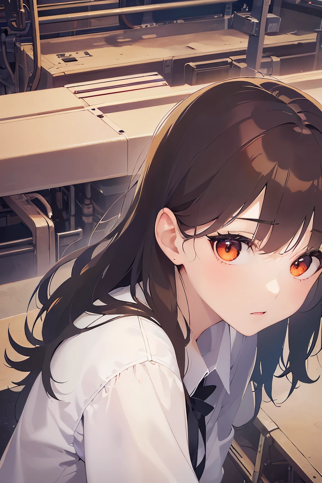 leaning forward、Shooting from above、Upper Body, Realistic, real person, (pale skin: 1.2), RAW photo, photorealistic, shiny skin, shiny hair、 (A 2 woman with medium-length hair and bangs) and (wavy hair) and (brown hair) and (orange eyes),（white collared shirts）、 surprised,Assembly line、(factory:1.5),（alone:1.5）