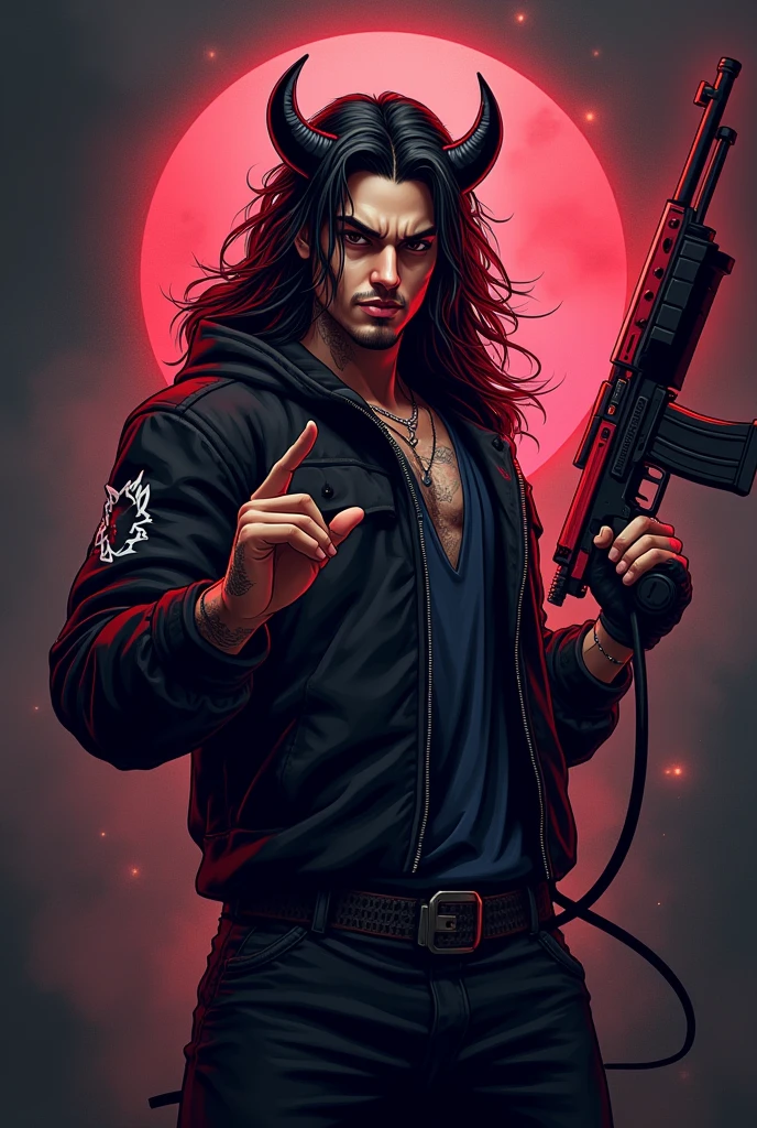 One gaming logo  gamer  handsome  with long hair  plus makey Kun shot plus attitude smile boys plus hand me gun
Devil smile long gun with devil smile 


