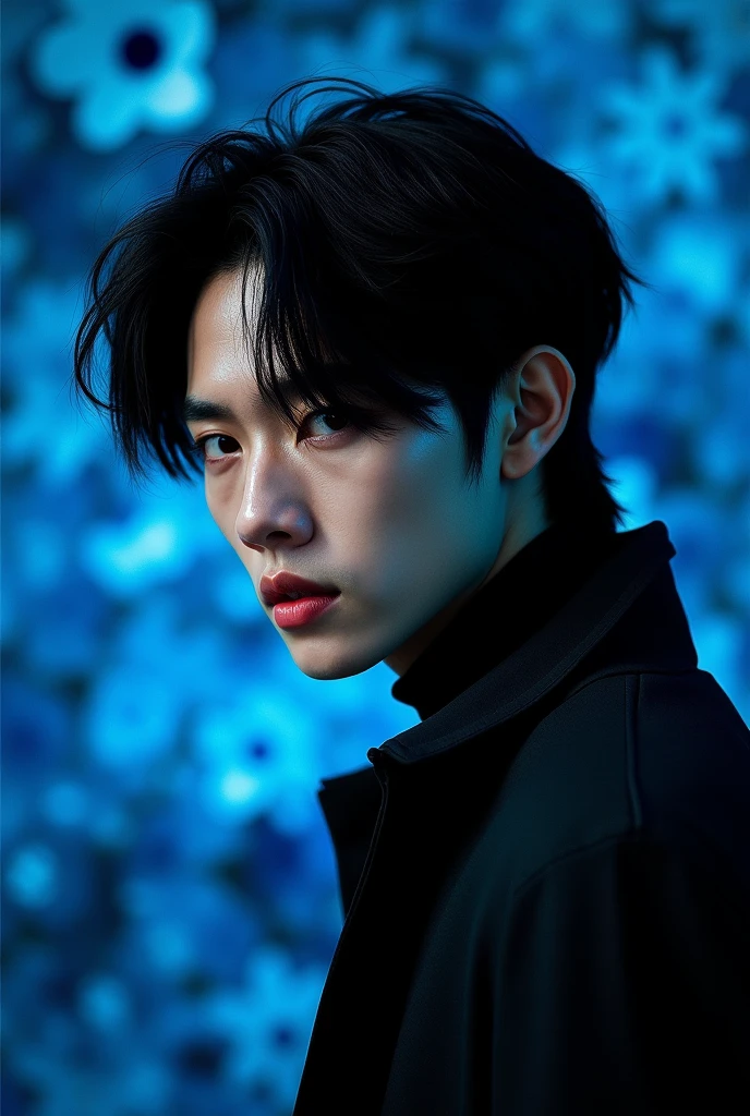 Korean men, Bts sucks, Min Yoongi, August d, face, Long hair, profile, blue flower background, high contrast.