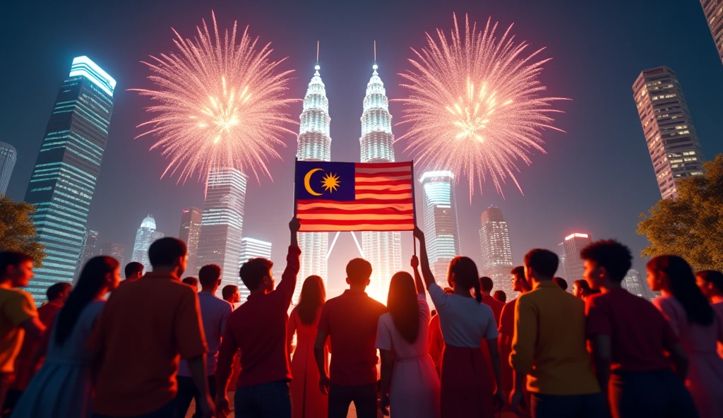 ((photorealism:1.2)), Malaysia Day, Citizens back, Malaysia flag, Malaysia Petronas Twin tower, High-Quality image Generation, night view, fireworks, citizen's cloth different colors, citizens hold Malaysia flag